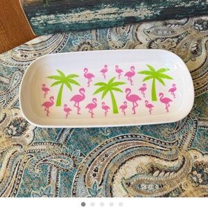Flamingo Palm Serving Tray White Melamine Platter Tropical Pink Green 12 Inch